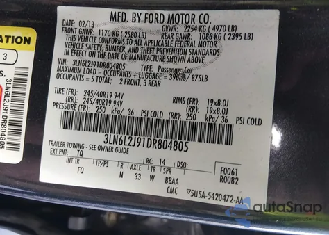 2013 Lincoln Mkz из США, поврежденный, VIN 3LN6L2J91DR804805